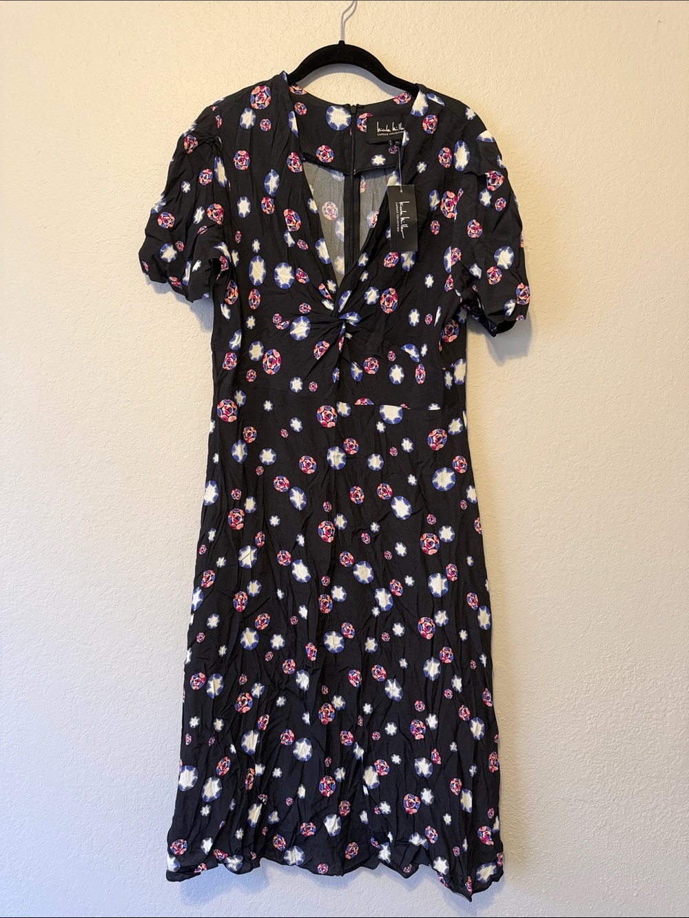 Nicole Miller Black Midi Dress with Red and White Floral Print